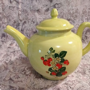 Vintage Duncan Enterprises Yellow Teapot with Strawberries