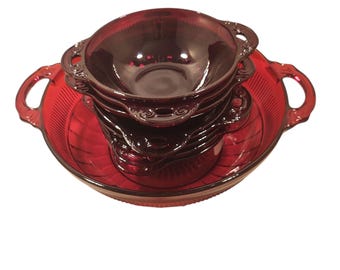 Vintage Anchor Hocking Coronation Fruit/berry Bowl Set in Ruby Red