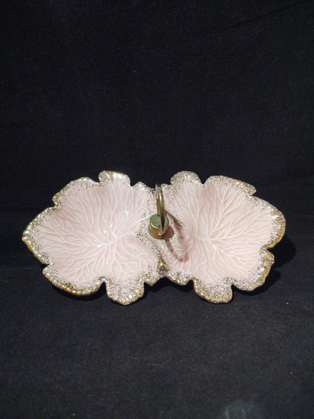 California Pottery 659 Divided Nut Or Candy Dish In Pink With Burnished california-pottery-659-divided-nut-or-candy-dish-in-pink-with-burnished