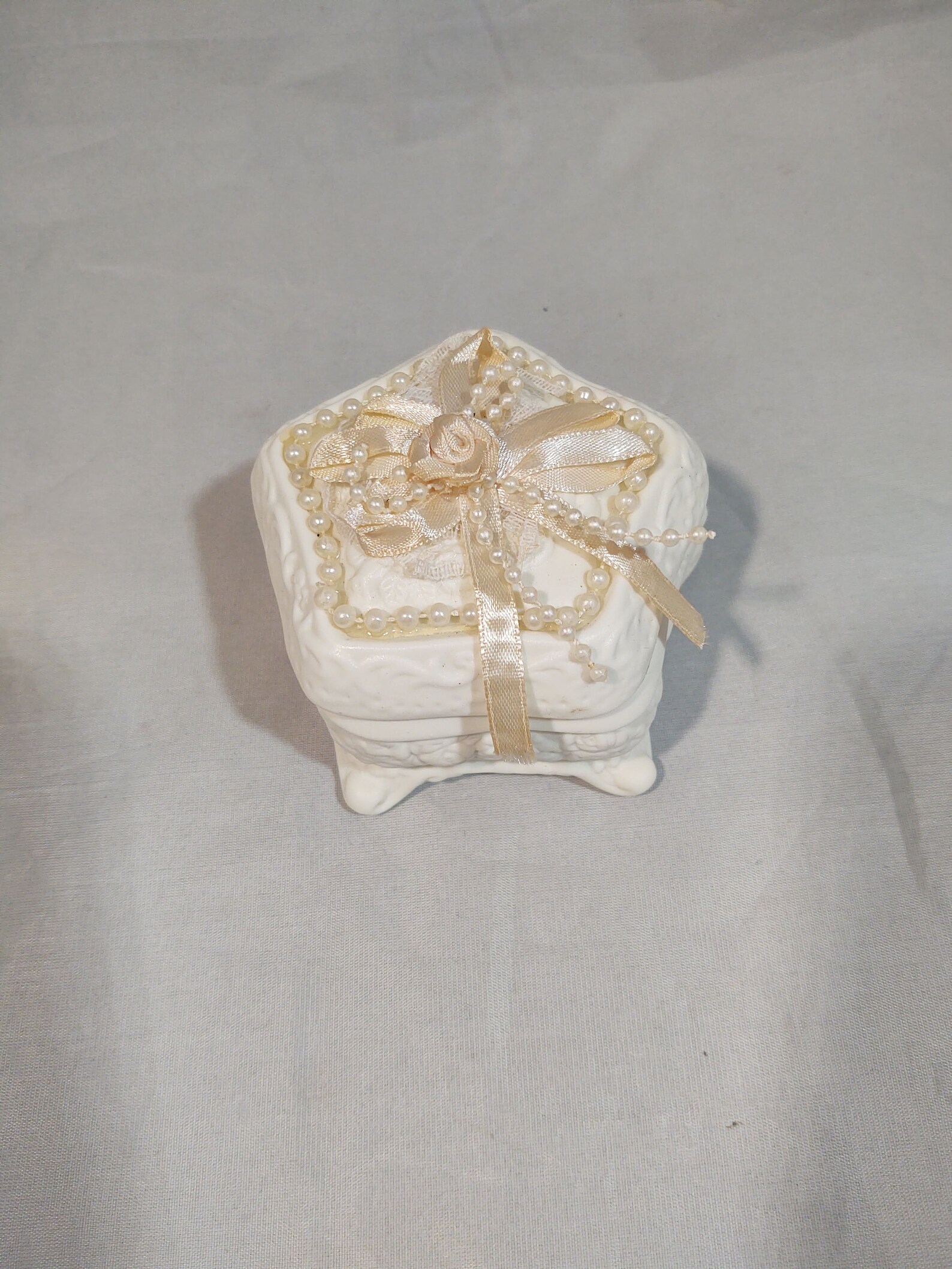 Vintage Ceramic Bisque Trinket Box With Ribbon and Beads Etsy