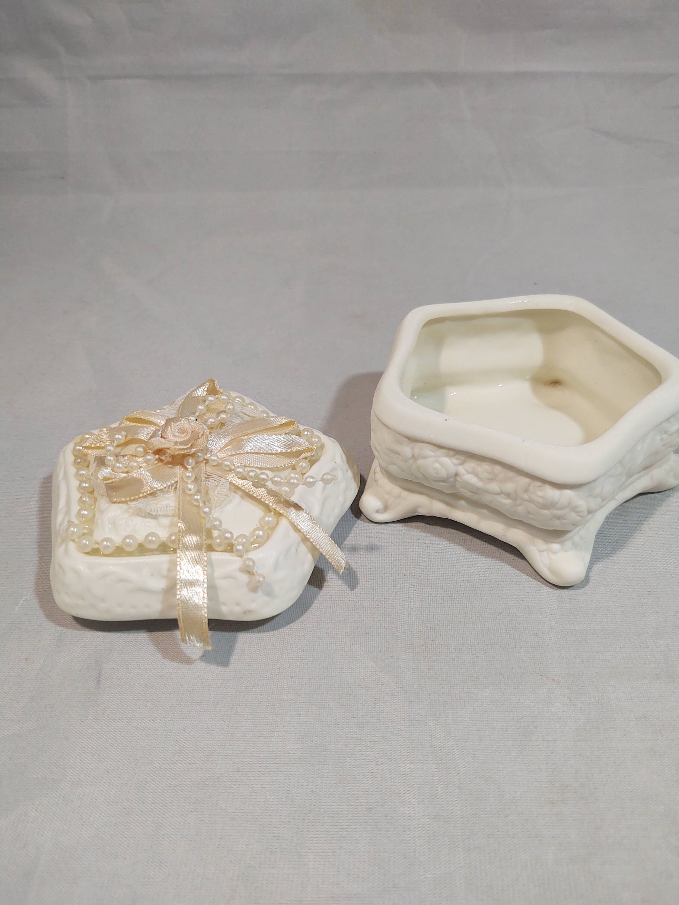 Vintage Ceramic Bisque Trinket Box With Ribbon and Beads Etsy
