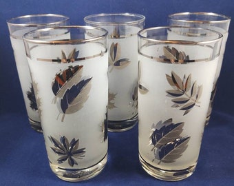Vasos planos vintage Libbey con hojas de plata, juego de 5