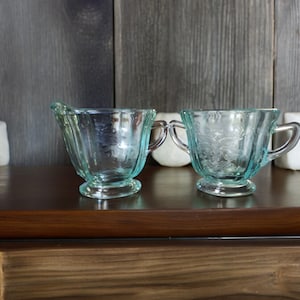 Vintage Indiana Glass Recollection Green (Teal) Footed Cream and Open Sugar Set
