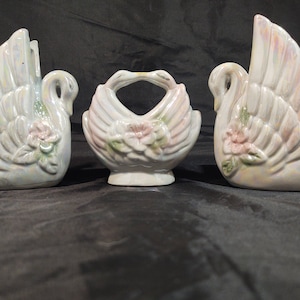 Vintage Iridescent Hand Painted Swan Trio