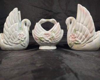 Vintage Iridescent Hand Painted Swan Trio