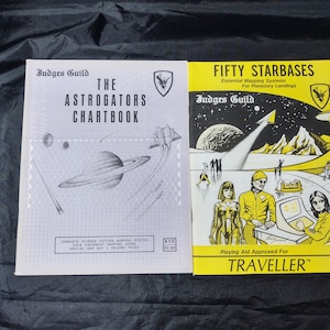 May include: Two vintage game books for the Traveller role-playing game. The book on the left is titled "The Astrogators Chartbook" and features a gray and white illustration of a spaceship and planets. The book on the right is titled "Fifty Starbases" and features a yellow cover with a black and white illustration of a spaceship landing on a planet.