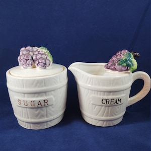 Vintage Arco Dallas White Barrel with Grapes Cream and Sugar Set