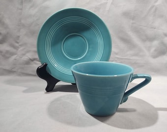 Homer Laughlin Harlequin Flat Cup and Saucer Set in Turquoise