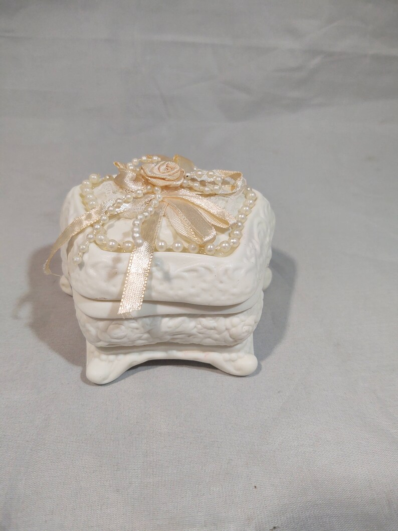 Vintage Ceramic Bisque Trinket Box With Ribbon and Beads Etsy