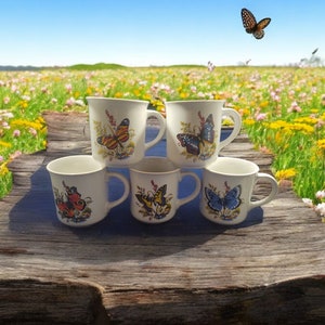 Vintage Set of 5 Butterfly Stoneware Mugs