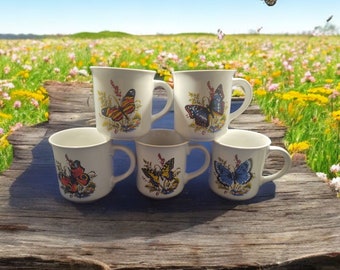 Vintage Set of 5 Butterfly Stoneware Mugs