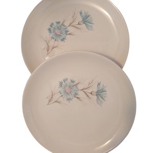 May include: Two white ceramic plates with a blue and pink floral design. The plates are stacked on top of each other.