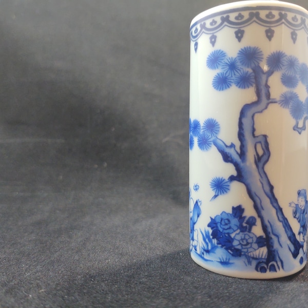 Vintage Japanese Brush Pot Blue and White with Children Playing