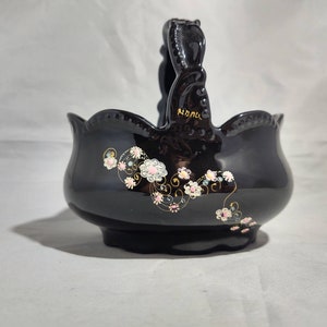 Vintage Small Black Basket Hand Painted Floral Design