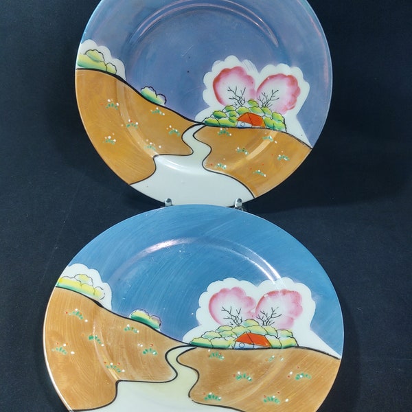 Vintage Japanese Lustreware Salad Plates Hand Painted Landscape Scene