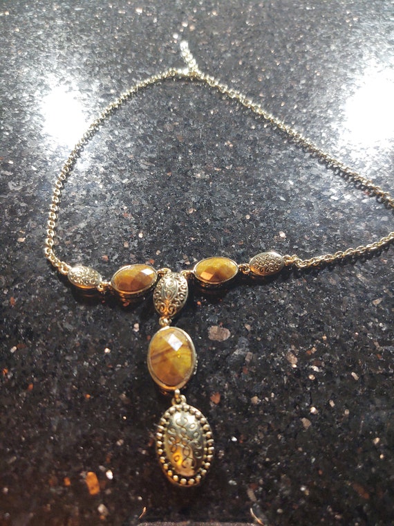 Vintage Y shaped Necklace with Faux Tigers Eye