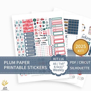 以下が含まれることがあります： さまざまなデザインと色を備えた、印刷可能なプランナーステッカーのセット。ステッカーには、週ごとのレイアウト、装飾要素、および機能的なアイコンが含まれています。ステッカーのテキストには、曜日とタスク関連のラベルが含まれています。キットは「KIT116」とラベル付けされており、A5/7x9インチと8.5x11インチのサイズが含まれています。