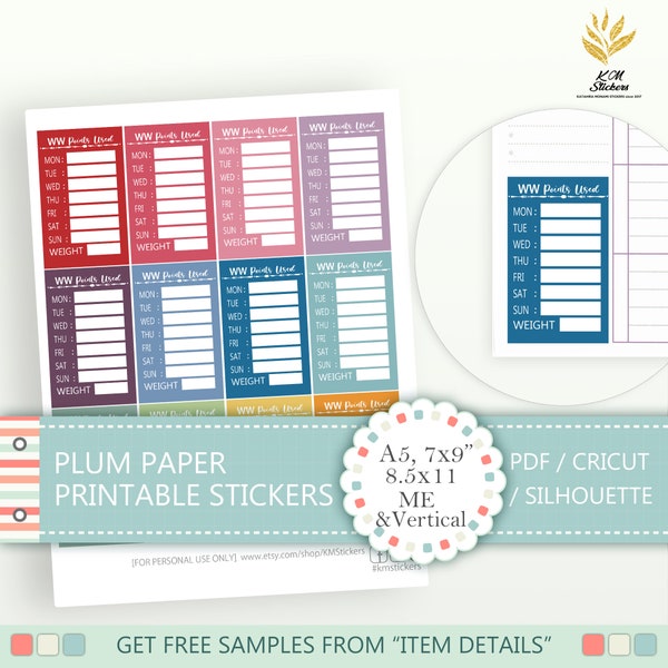 Printable WW (Weight Watchers) Points Used Sidebar Stickers, A5, 7x9, 8.5x11, ME and Vertical Plum Paper (cat#pp_d5.7)