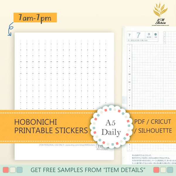 Printable HOBONICHI A5 DAILY Long Time Strip Stickers, 7am-7pm (cat# hobodaily_j2.6.1)