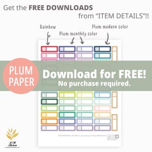 Puede incluir: Una hoja de pegatinas de planificador coloridas con el texto "¡Descarga GRATIS!" y "No se requiere compra". Las pegatinas son de varios colores, incluyendo rosa, morado, azul, verde y naranja. La marca "PLUM PAPER" también es visible.