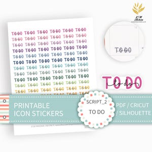 以下が含まれることがあります： カラフルな「TO DO」アイコンステッカーのシート。ステッカーは、ピンク、青、緑、黄色など、さまざまな色があります。ピンクのフォントで「TO DO」というテキストのステッカーもあります。画像には「PRINTABLE ICON STICKERS」というテキストも含まれています。