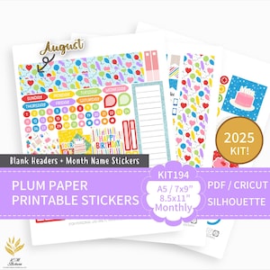 KIT 194_2025, Kit d'autocollants d'en-tête vierges imprimables et de nom de mois pour papier prune A5, 7x9, 8,5x11, fichiers PDF, Cricut (png), Silhouette.