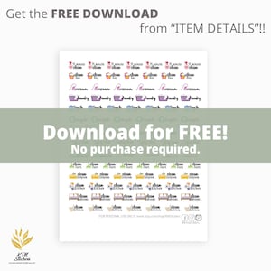 以下が含まれることがあります： さまざまな掃除をテーマにしたアイコンとテキストが記載された白いステッカーシート。掃除機、洗濯、キッチンとバスルームの掃除などの掃除タスクのアイコンが含まれています。「無料でダウンロード！購入は不要です。」と書かれています。