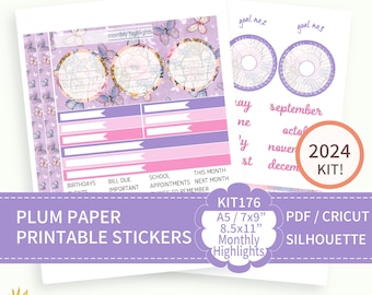 KIT 176, Kit de notas mensuales imprimibles 2024 para A5, 7x9, 8.5x11 Plum Paper Planner, PDF, Cricut (png), Archivos Silhouette.