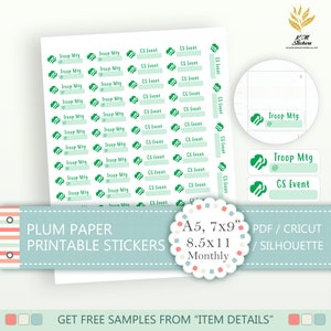 May include: Printable stickers for a Girl Scout troop. The stickers are green and white and feature the Girl Scout logo. The stickers say "Troop Mtg" and "GS Event". The stickers are available in A5, 7x9", 8.5x11" sizes. The stickers are printable on a plum paper.