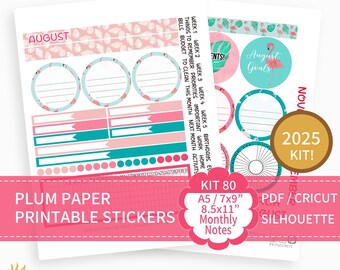 KIT 80_2025, Kit de Notas Mensais Imprimíveis (Agosto) em A5, 7x9, 8,5x11, Planejador de Papel Plum, PDF, Cricut (png), Arquivos Silhouette.
