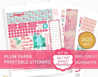 KIT 80_2025, Flamingos, Kit de Agosto Imprimível para Planner Plum Paper A5, 7x9, 8,5x11, PDF, Cricut (png), Arquivos Silhouette.