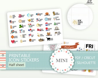 Printable Mini Holiday and Event Stickers(Half sheet size), Planner Stickers, US National Hoidays  (cat#ss_g5.1)
