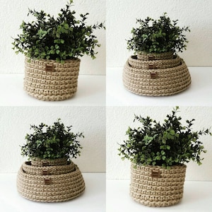 Handmade plant pot crocheted with natural jute string