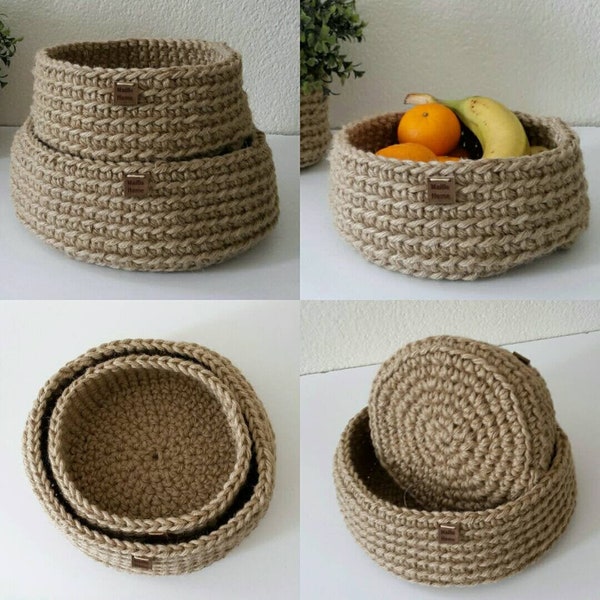 Corbeille ronde fait main crochetée en jute naturelle