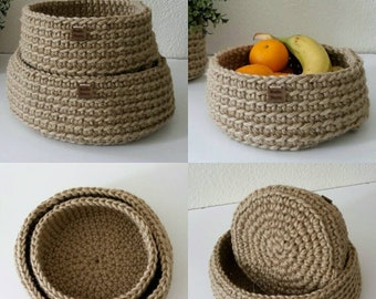 Corbeille ronde fait main crochetée en jute naturelle