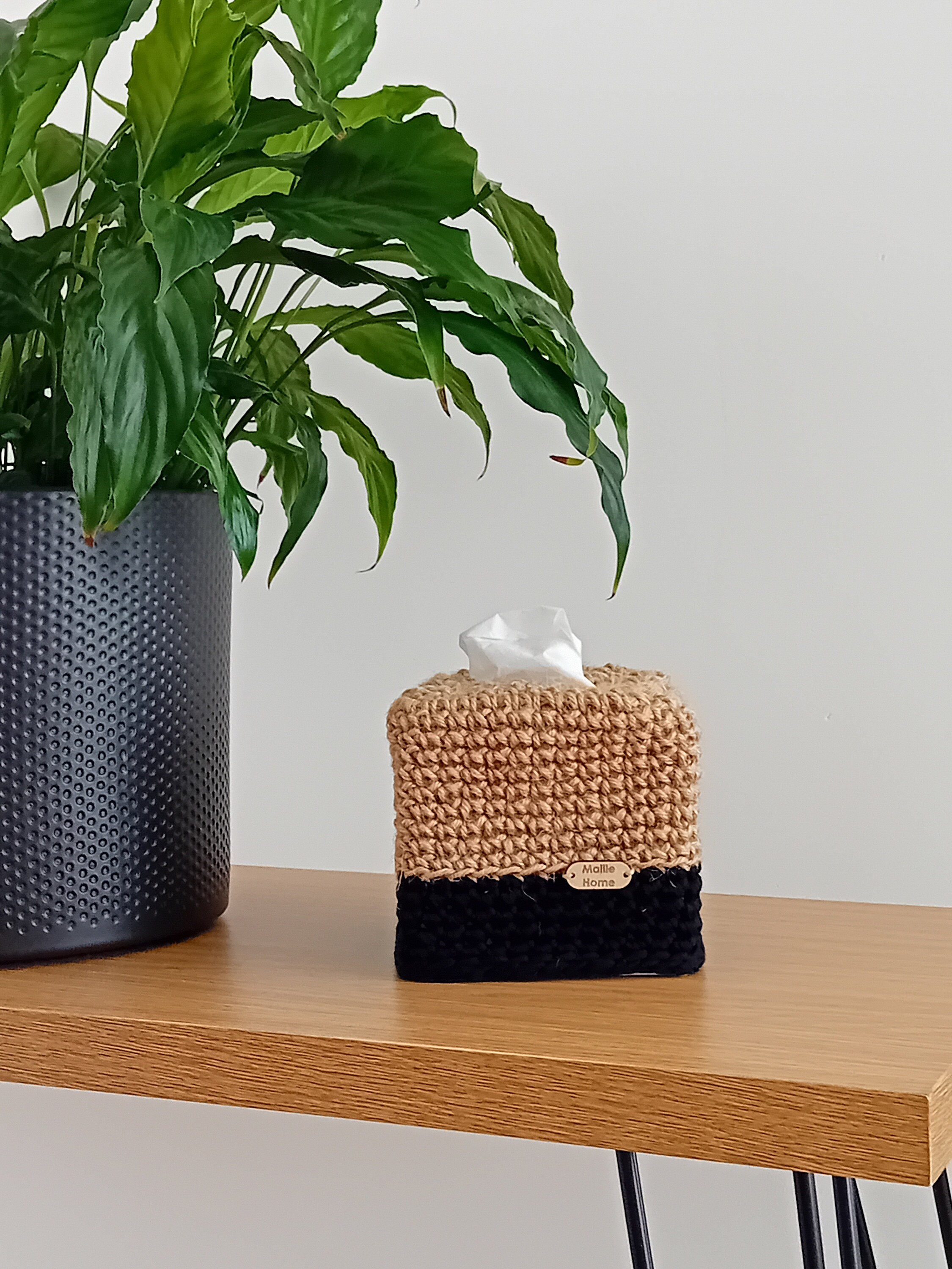 Cover for square tissue box in cotton and Vegan jute crochet - "My Home" model