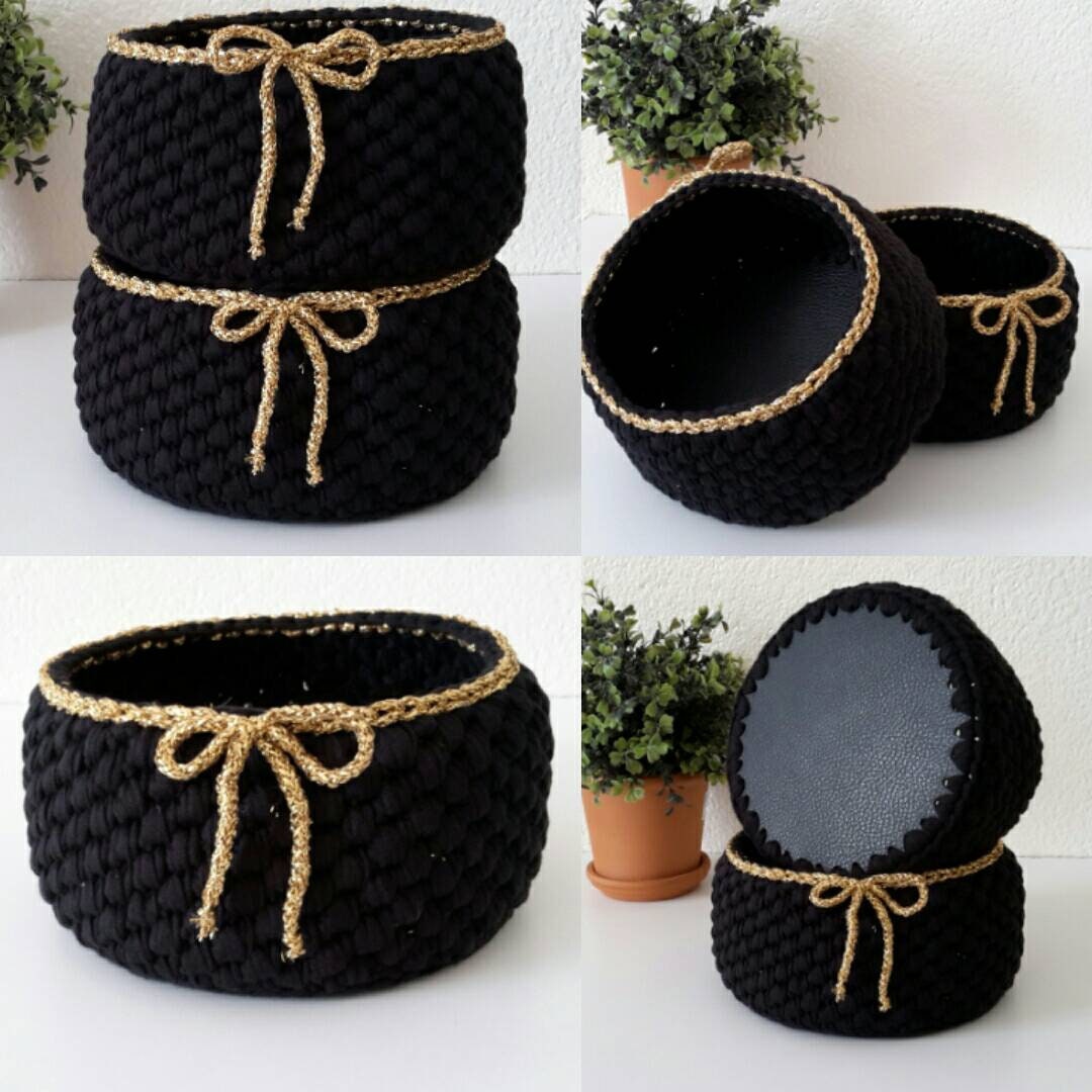 Corbeille Ronde Noire et Fil Doré Fond Cuir Pu Noir