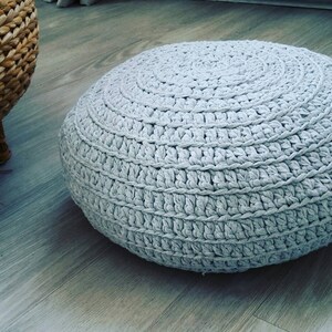 Round cushion, ottoman pouf, in xxl gray crocheted yarn image 3