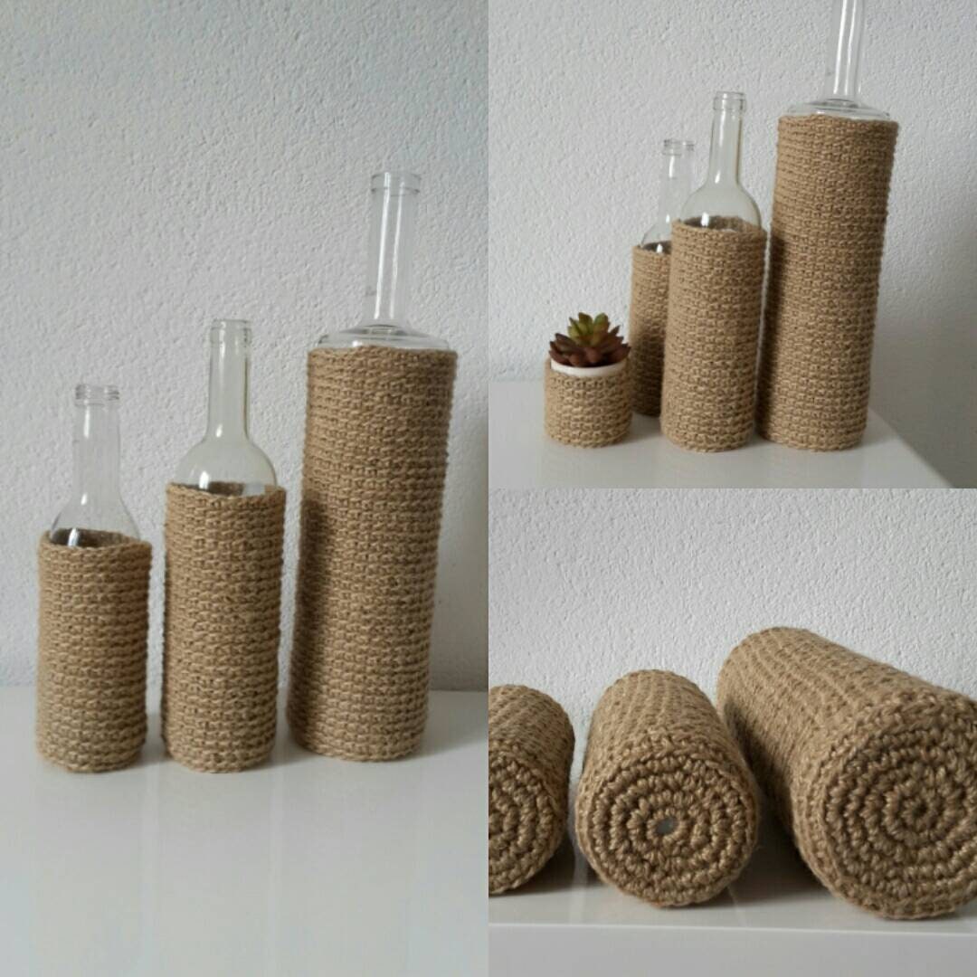 Cache-Bouteille/Soliflore Carafe Fait Main Crocheté avec Une Ficelle en Jute Naturel 100% Vegan
