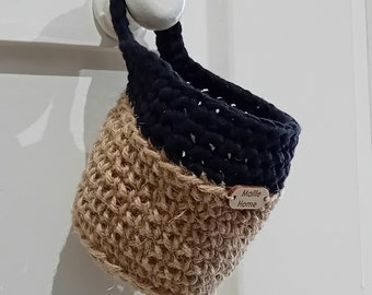 Handmade hanging pot crocheted with ecological jute and 100% Vegan cotton string - "My Home" model