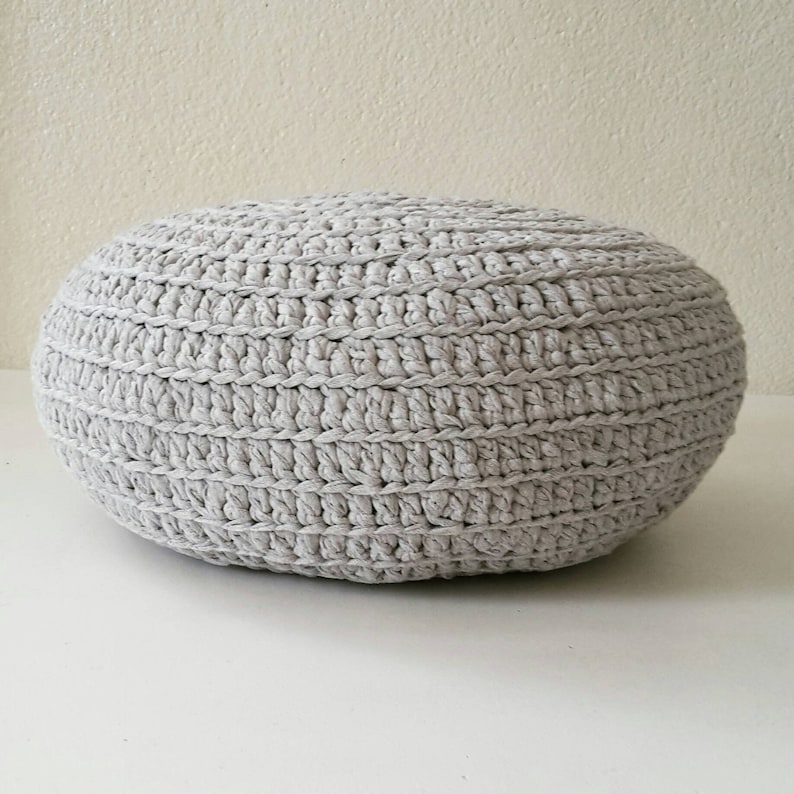 Round cushion, ottoman pouf, in xxl gray crocheted yarn image 1