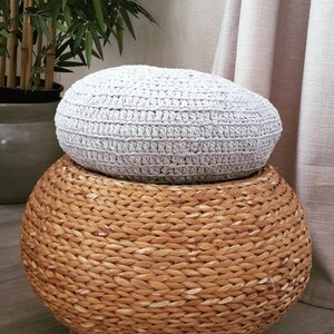 Round cushion, ottoman pouf, in xxl gray crocheted yarn image 2