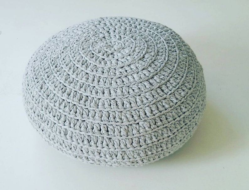 Round cushion, ottoman pouf, in xxl gray crocheted yarn image 4
