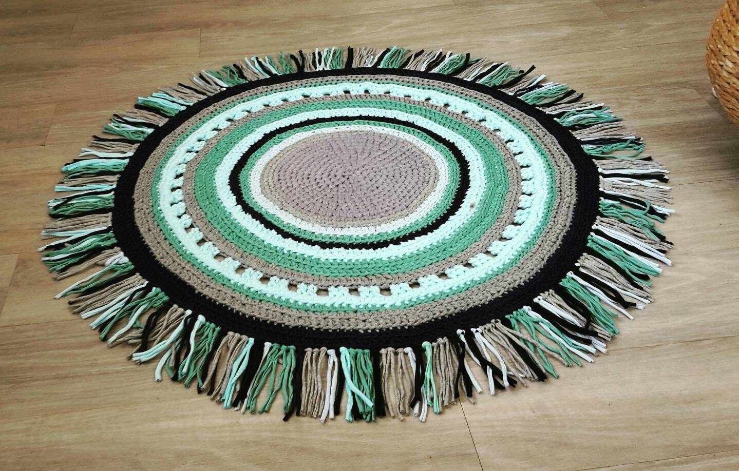 Tapis Rond Au Crochet avec Franges Style Hippie Boho - Diamètre 110 cm