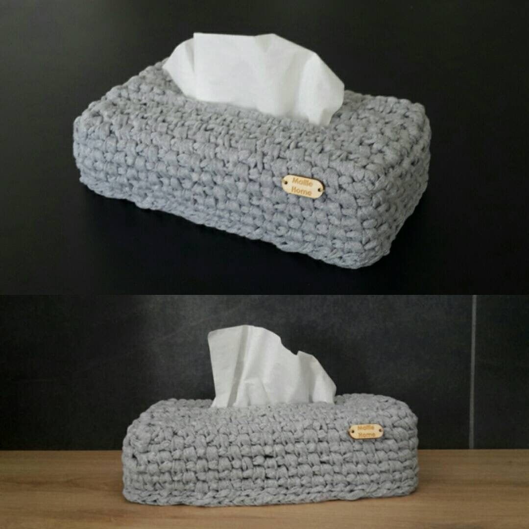 Housse Pour Boîte à Mouchoirs Au Crochet en Fil Écologique Gris Galet 100% Vegan