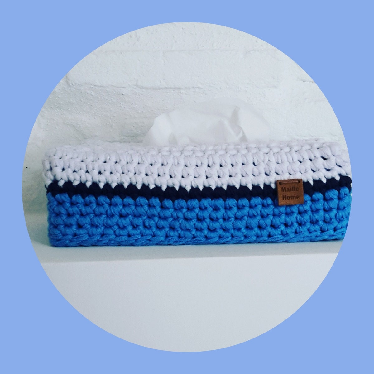 Housse Pour Boîte à Mouchoirs Au Crochet 100% Coton Blanc Bleu Marine Vif