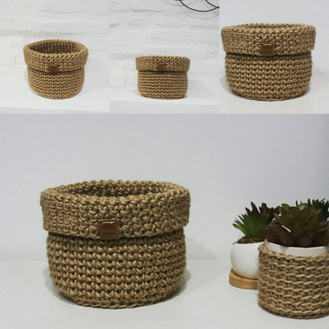 Corbeille Ronde à Revers Fait Main Crocheté avec Une Ficelle en Jute Naturel