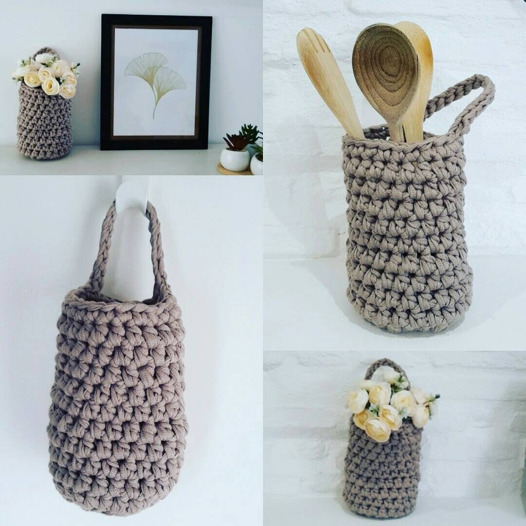 Pot à Suspendre Fait Main Crocheté 100% Coton Sable