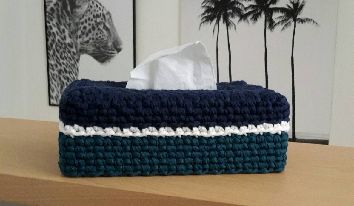 Housse Pour Boîte à Mouchoirs Au Crochet 100% Coton Bleu Marine Blanc Vert Paon