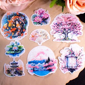 Japan Feels Heart Holographic Sticker Set of 8 pieces, Koi fish, lotus, water lilies, cherry blossom sakura tree, Mount Fuji, lantern